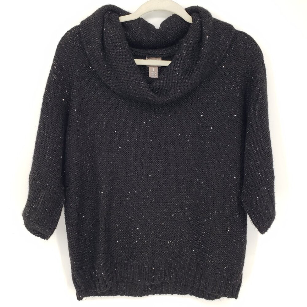 Chico's Metallic Silver Sequin Cowl Neck Sweater M Relaxed‎ Fit Holiday Black